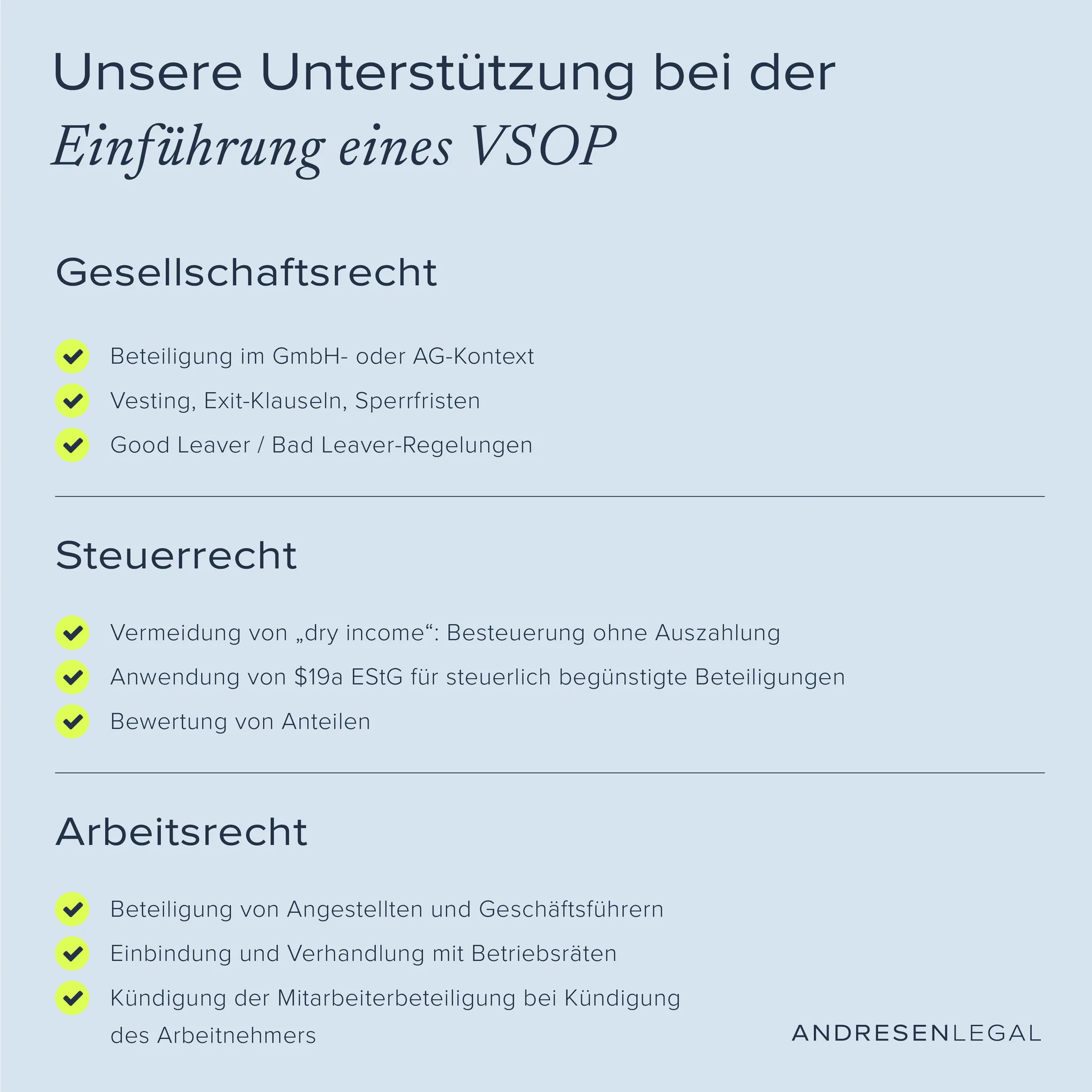 VSOP Rechtsgebiete VSOP Rechtsgebiete - unsere Unterstützung